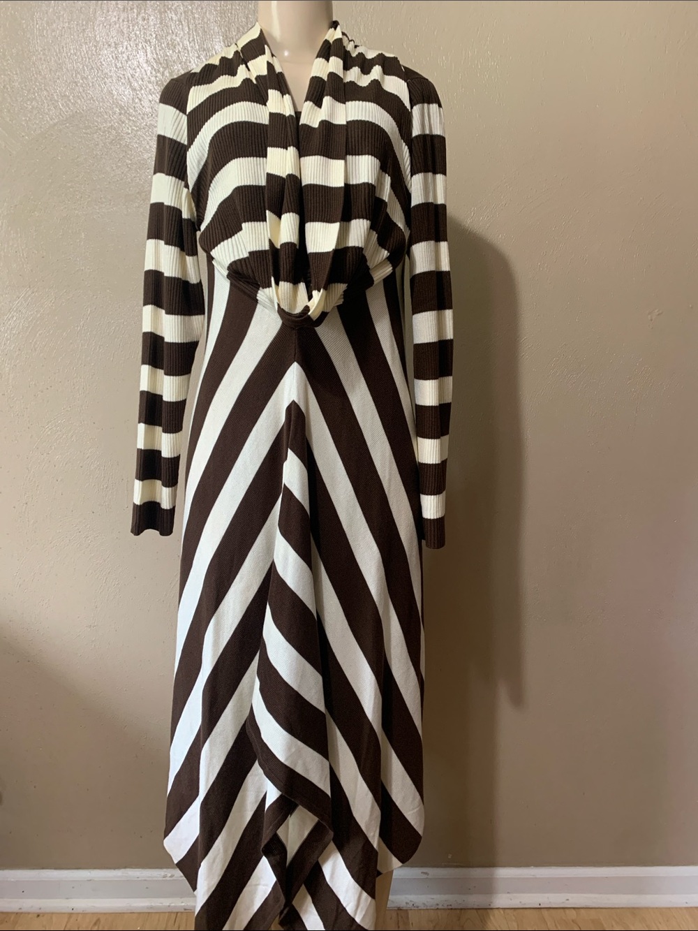 Ashley Stewart size 12 Brown & Cream Striped Maxi Dress with Draped Cowl NWT